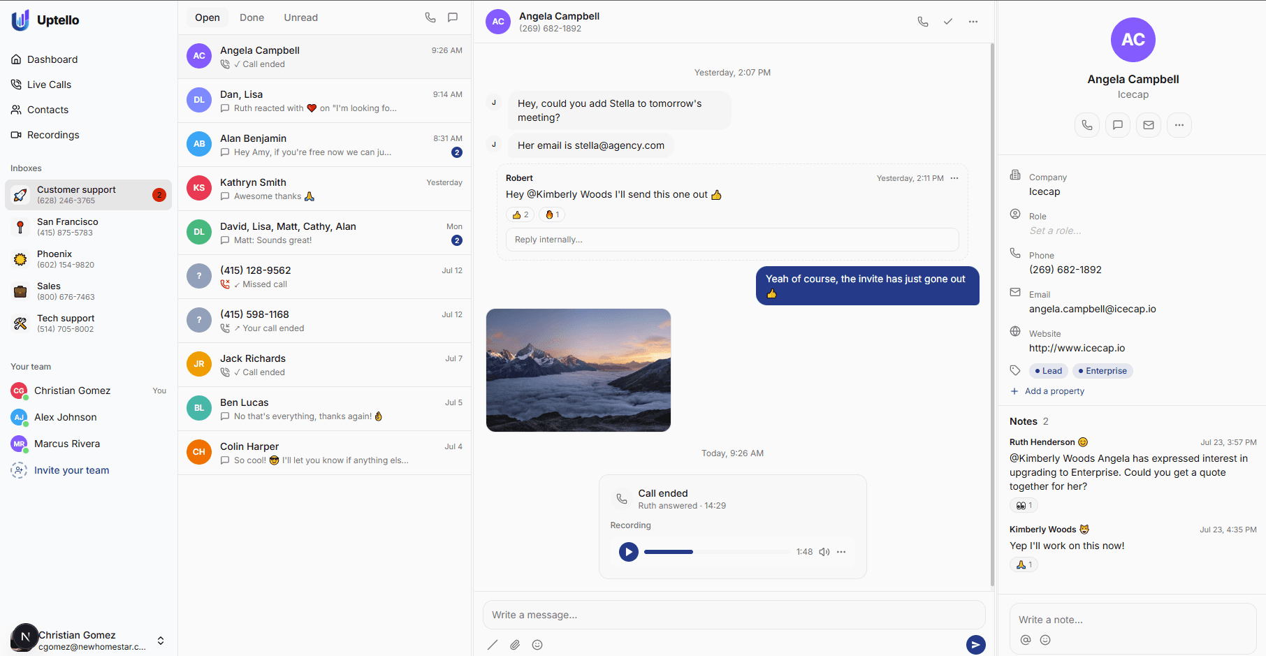 Uptello product screenshot – real-time AI call assistant dashboard